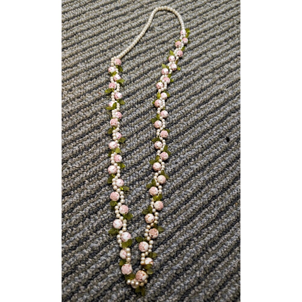 Pink Rose Flower Beaded Statement Necklace White Round Pearl Green Accents
